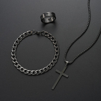 3-Piece Stainless Steel Jewelry Set – Men’s & Women’s Retro Bracelet, Necklace, Ring for Punk Hip Hop Fashion
