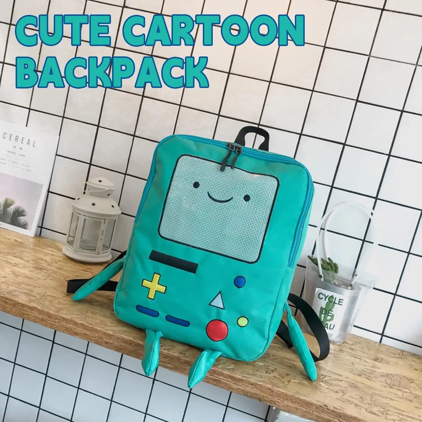 14-Inch Cute Cartoon Adventure Time Backpack — Green Anime School Bag, Lightweight & Breathable Travel Bag