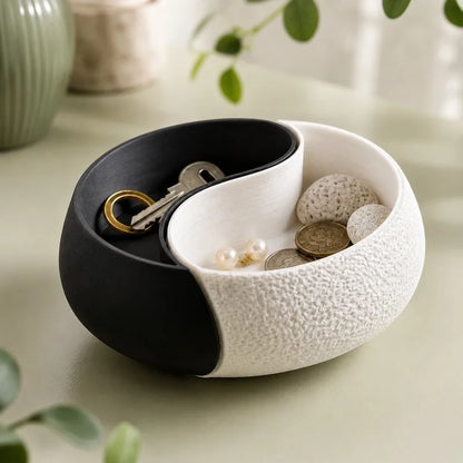 3D Printed Yin-Yang Storage Bowl - Double Compartment Jewelry Tray & Key Holder for Desk Decor