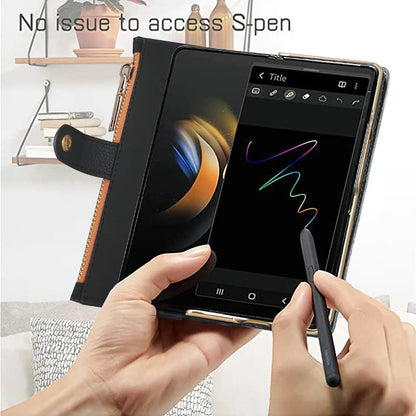 Leather Card Wallet Case with S Pen Slot for Samsung Galaxy Z Fold 6/5/4/3/2 — Multifunctional Zipper Protection Cover