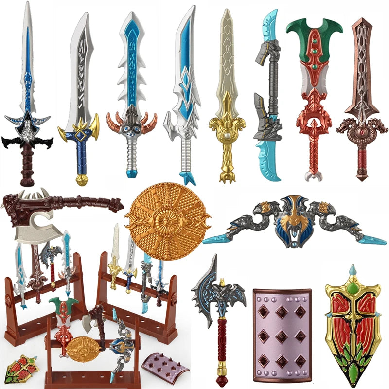 Medieval Figure Weapons Building Blocks Kit – King Sword, Lion Shield, Trident & Double-Edged Axe Battle Toy
