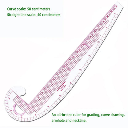 Multi-Functional Sewing Ruler - 58cm Curve & 40cm Straight Grading Ruler with Built-In Scale