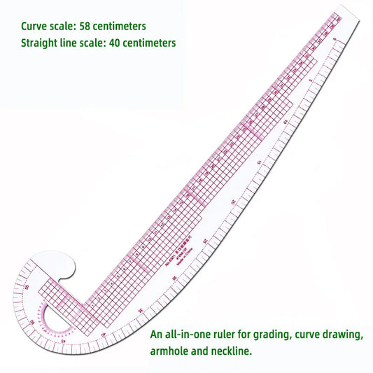 Multi-Functional Sewing Ruler - 58cm Curve & 40cm Straight Grading Ruler with Built-In Scale