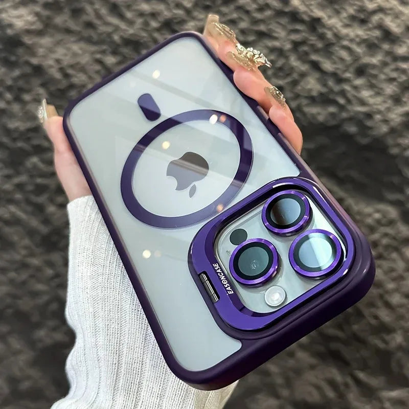 Luxury Magnetic Shockproof Phone Case - MagSafe Compatible iPhone Cover with Stand & Glass Lens Protection for iPhone 17 16 15 14 13 12 11 Pro Max