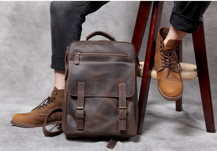 Vintage Crazy Horse Leather Backpack for Men — 17" Laptop Travel Rucksack Cowhide Hiking Bag M815