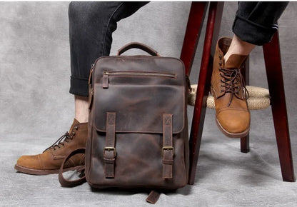 Vintage Crazy Horse Leather Backpack for Men — 17" Laptop Travel Rucksack Cowhide Hiking Bag M815
