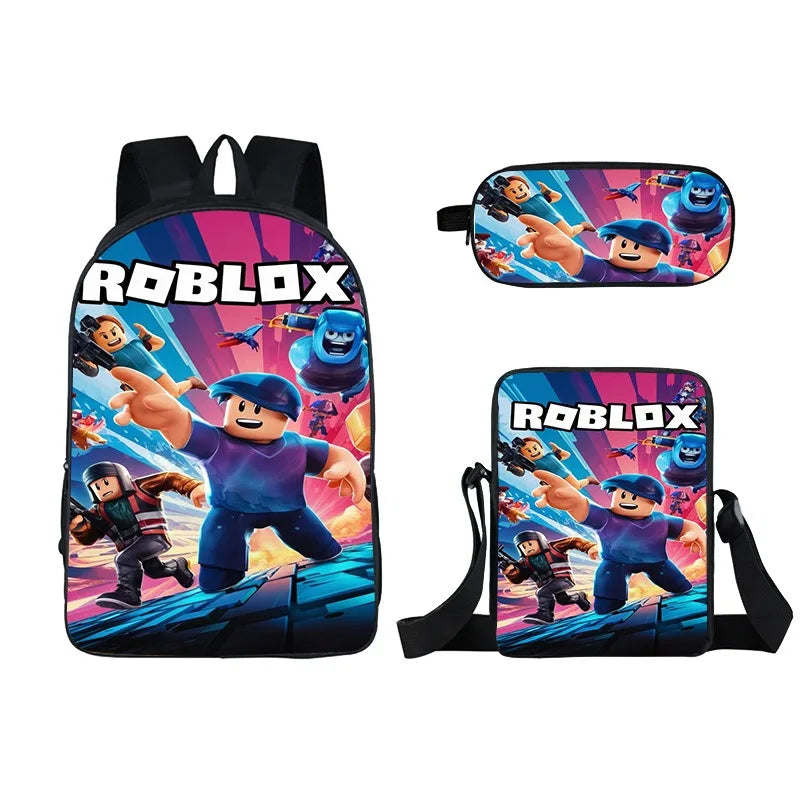 Kids Roblox 3-in-1 Backpack Set — School Bookbag, Shoulder Bag & Pencil Case Waterproof Travel Bag for Teens