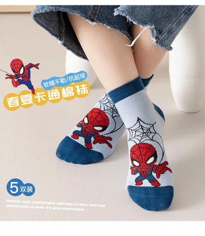 5 Pairs Spiderman Cotton Socks for Kids – Iron Man, Hulk, Thor Anime Boys Short Socks, Cartoon Baby Spring & Summer Footwear