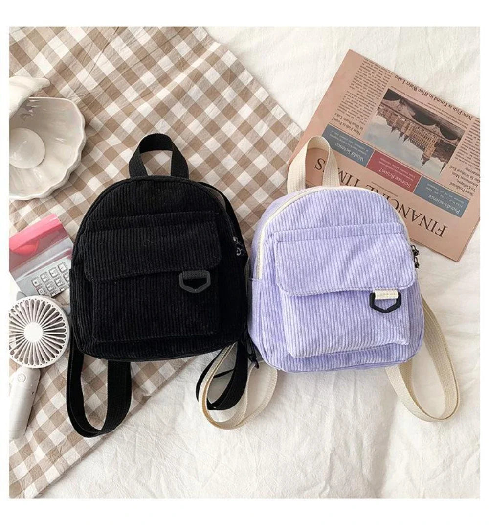 Women's Mini Backpack - Fashionable Solid Color Corduroy Casual Schoolbag with Large Capacity