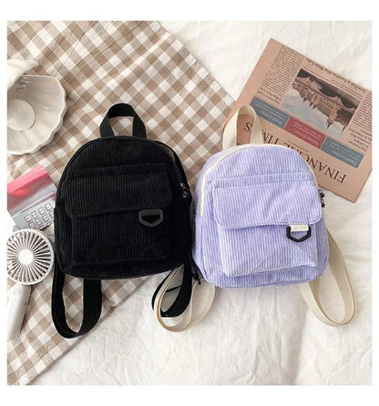 Women's Mini Backpack - Fashionable Solid Color Corduroy Casual Schoolbag with Large Capacity