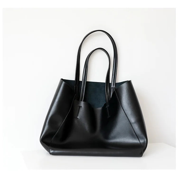 Customized Letter Genuine Leather Tote Bag – Large Capacity, Practical Commuter & Shopping Bag, Cowhide Large Bag