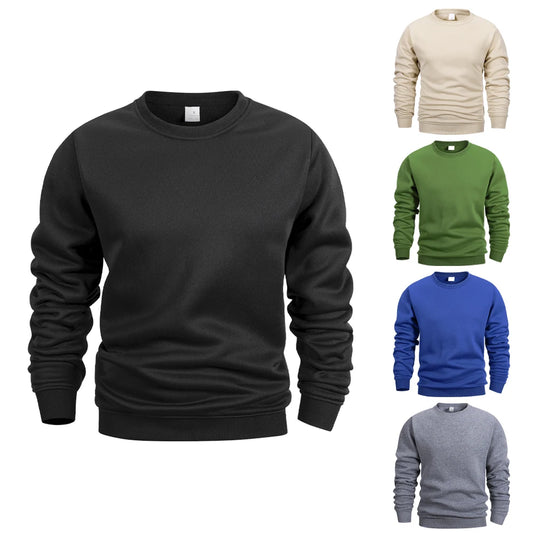 Men’s Crew Neck Sweatshirt — Solid Color Casual Long Sleeve Pullover for Spring Outdoor Sportswear