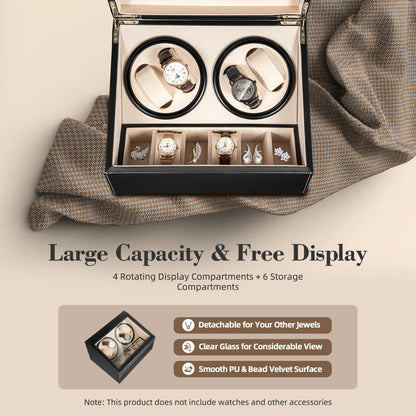 4+6 Slot Automatic Watch Winder – Leather & Wood Luxury Display Case with Pillow, Black/Brown