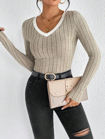 Women’s Slim V-Neck Knit Long Sleeve Top – Sexy Casual Pullover for Autumn & Winter