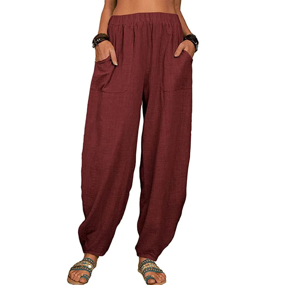 Women’s Casual Cotton Linen Harem Pants – Loose Fit Wide Leg Summer Lounge & Homewear Breathable Long Trousers LRFZ-922
