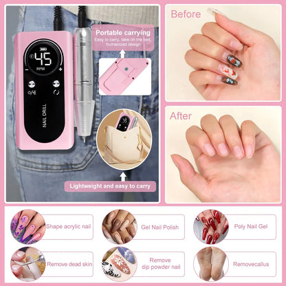 Effortless Precision: Original 45000RPM Rechargeable Nail Drill Machine with LCD - Low Noise Professional Nail Polish Sander, Complete Nails Accessories Set
