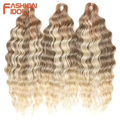 FASHION IDOL 24" Deep Wave Crochet Hair - 3-Piece Synthetic Water Wave Braiding Extensions, Ombre Rainbow Twist Hair