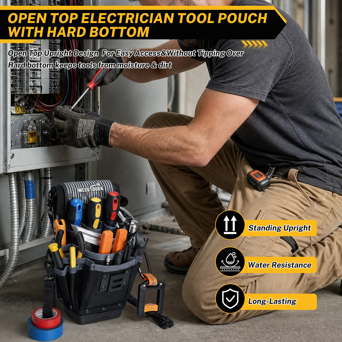 16-Pocket Clip-On Tool Pouch - Hard Bottom Electrician Belt Pouch for HVAC, Carpenter & Construction Tools