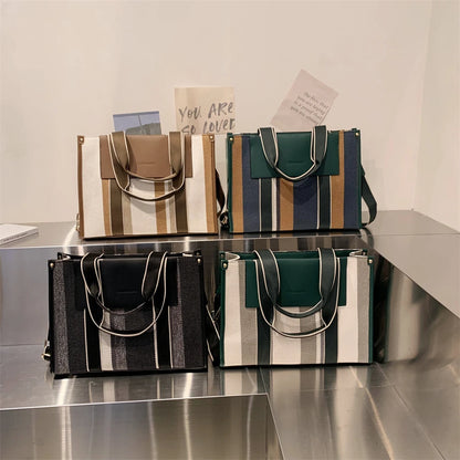 MOODS Quality Canvas Tote Bag for Women 2023 – Luxury Designer Handbag, Contrast Color Striped, Big Shoulder Crossbody Shopper Totes