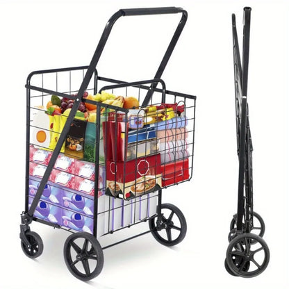 Foldable Shopping Cart with Wheels — Durable Black Utility Basket Trolley for Market & Home Use