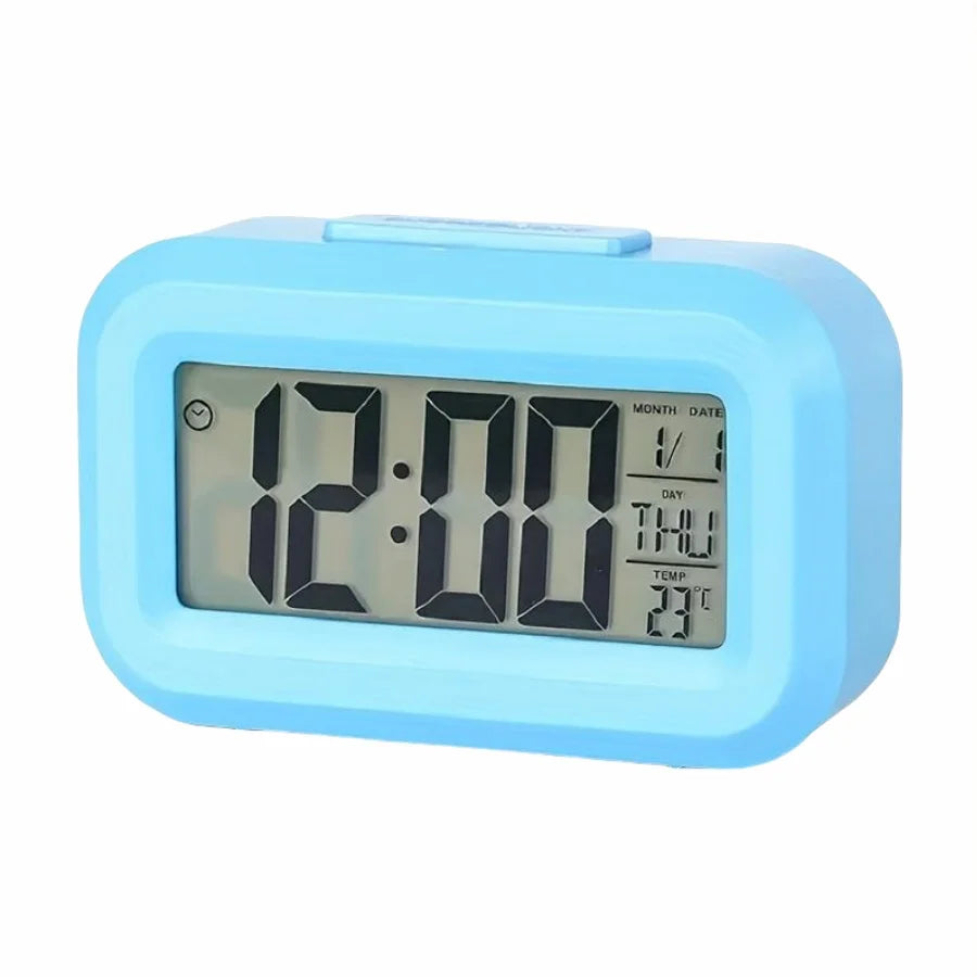 Smart Digital Alarm Clock – Black & White LCD with Temperature, Calendar, Timer & LED Light for Bedroom or Office (No Battery)