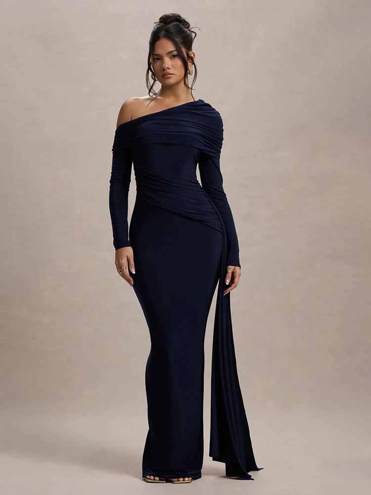Mozision Women’s Long Sleeve Maxi Dress – Sexy Backless Draped Ruched Bodycon Gown, Skew Collar Elegant Club Dress