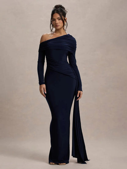 Mozision Women’s Long Sleeve Maxi Dress – Sexy Backless Draped Ruched Bodycon Gown, Skew Collar Elegant Club Dress