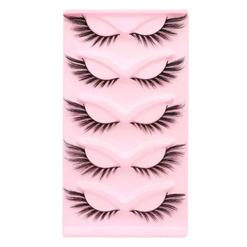 Manga Lashes 5 Pairs – Anime Cosplay Faux Mink Short Full Strip Lashes, Korean Natural Look, Clear Band Soft Eyelash Extensions