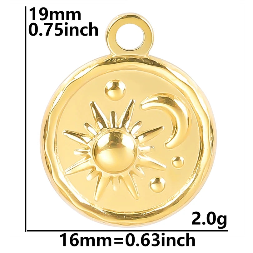 6pcs Real Gold-Plated Sun Charms - Stainless Steel Jewelry Making Pendants, Heart, Moon & Sunshine Design