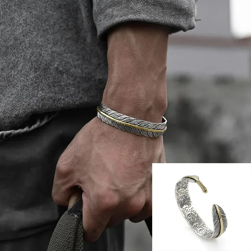 Retro Tibetan Six-Character Mantra Bracelet — Silver Plated Lotus Cuff for Men
