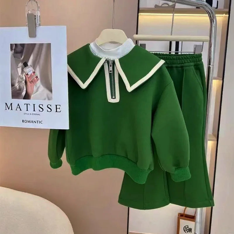 Children's Lapel Long Sleeve Top & Wide Leg Pants Set - 2-Piece Boutique Clothes for Girls, 3-7 Years