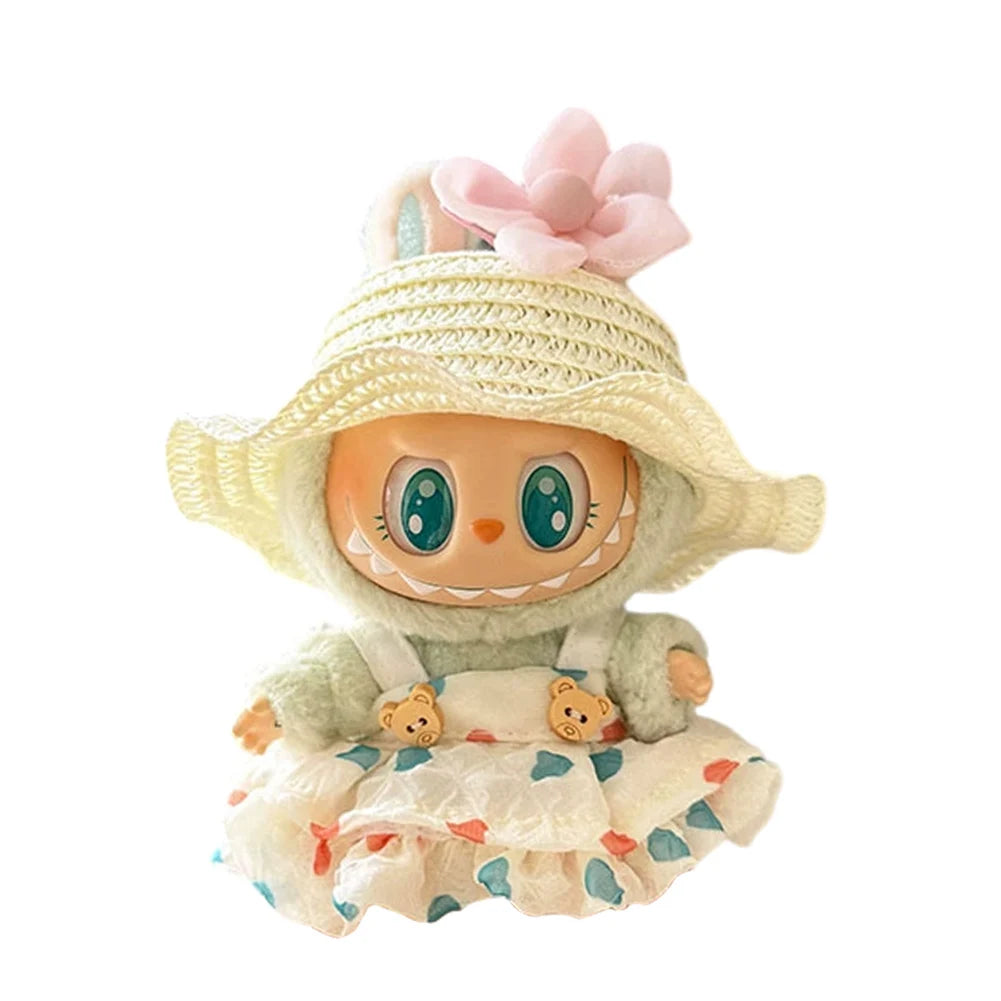 Labubu v1v2 Doll Clothes Outfit (15-17cm) – Sitting Party Bear Accessories with Scarf, Hat & Bag