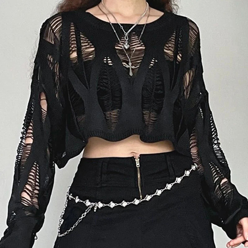 ITOOLIN Women's Y2K Hollow Out T-Shirt - Batwing Sleeve Knitted Shirt, Loose Streetwear Tops for Spring and Autumn 2024