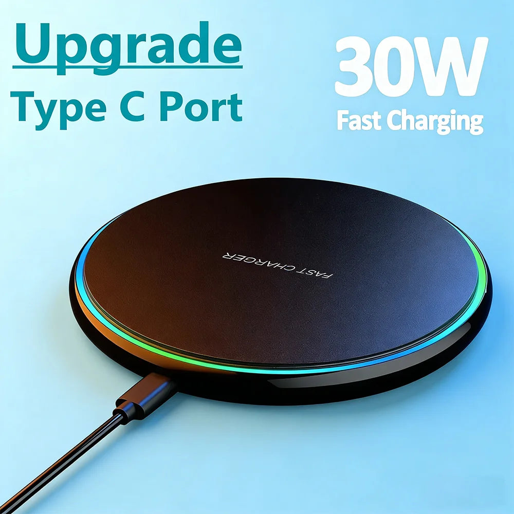 30W Fast Wireless Charging Pad - Wireless Charging Station for iPhone 8–17, Samsung Galaxy S23 and Compatible Xiaomi Devices