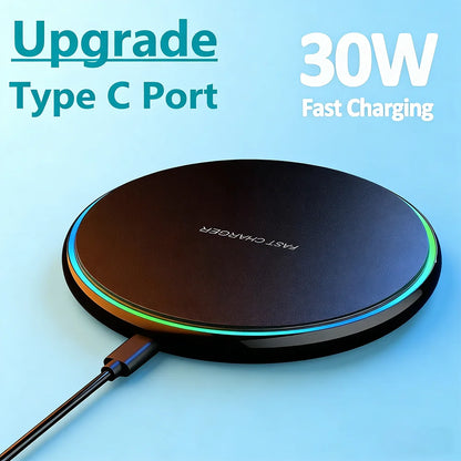 30W Fast Wireless Charging Pad - Wireless Charging Station for iPhone 8–17, Samsung Galaxy S23 and Compatible Xiaomi Devices