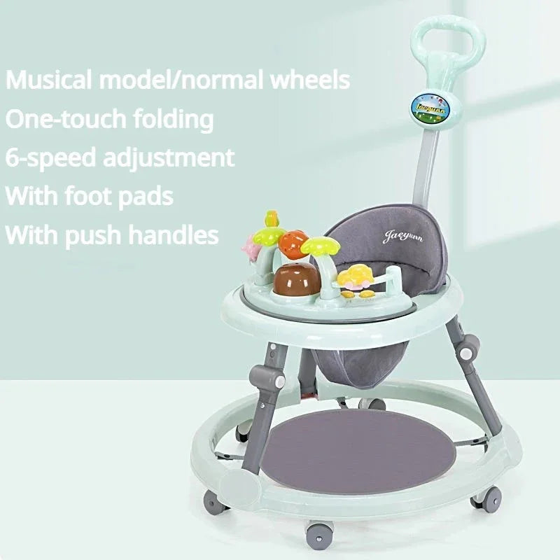 Baby Activity Walker with Music & Lights – Removable Footrest, Toy Rack, Feeding Tray, One-Hand Folding Portable Infant Chair
