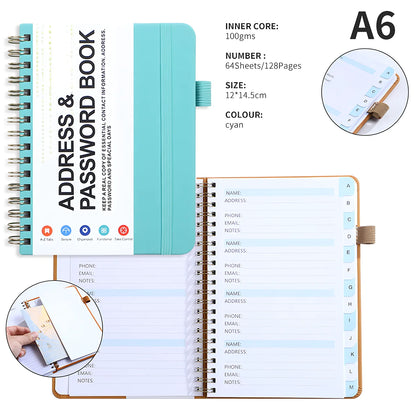 A6 Password Book with PP Coil – English Address & Password Organizer, Thick Horizontal Notebook for Office Use