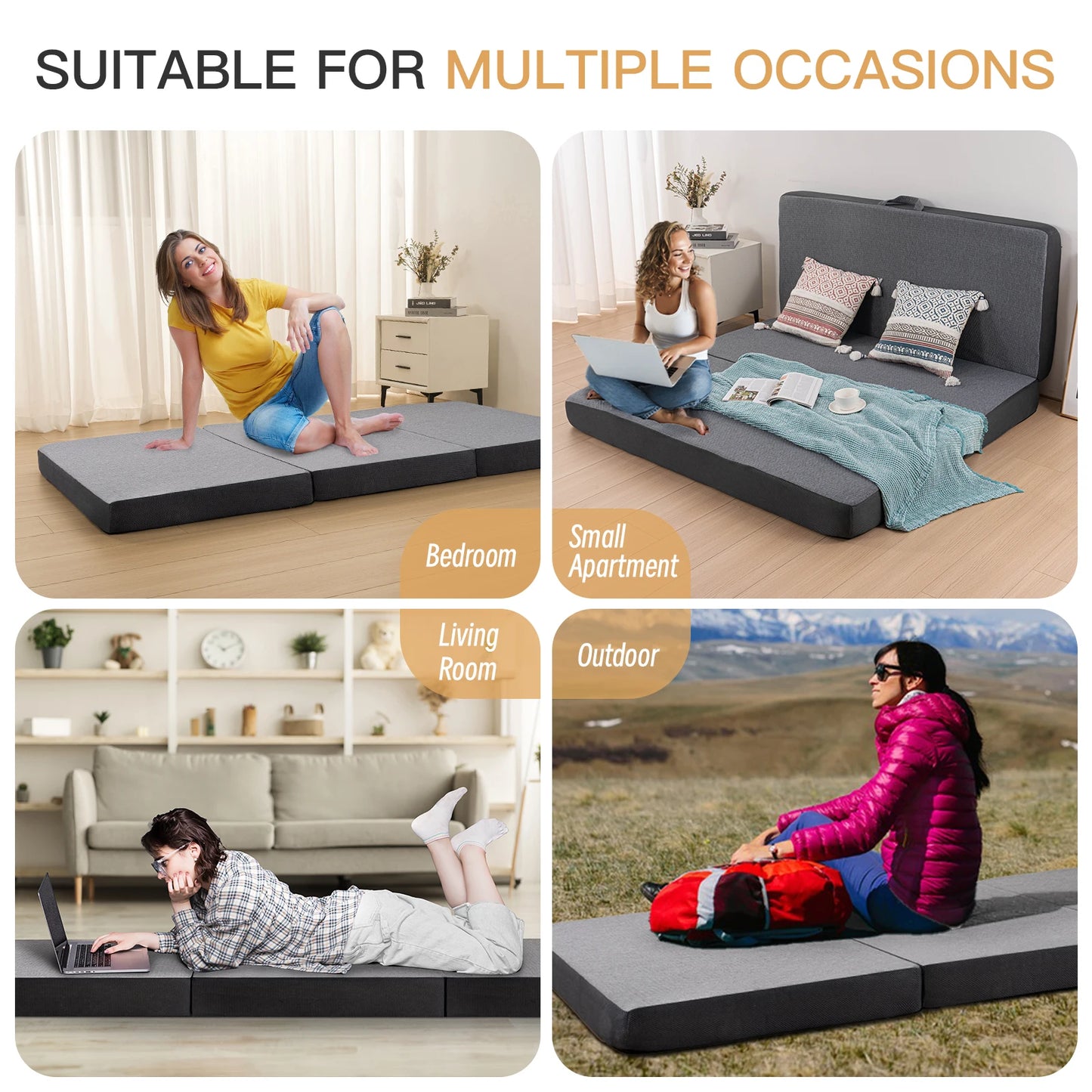 Orhopui Tri-Folding Gel Memory Foam Floor Mattress – Ultra Soft Portable Mattress with Breathable Mesh and Removable Washable Cover
