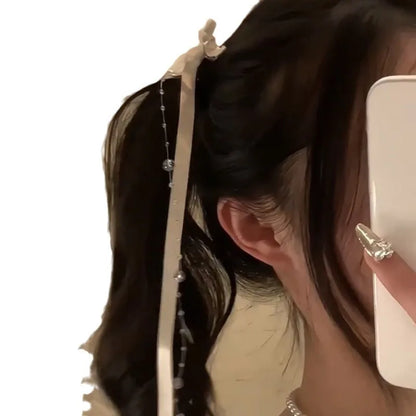 2PCS White Ribbon Bow Hair Clips – Long Tassel Bead Duckbill Clips for Women, 2024 New Model