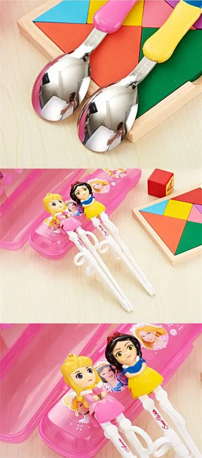 Disney Kids Tableware Set — Lightning McQueen, Mickey, Minnie, Stitch & Princess Elsa Training Chopsticks and Spoons