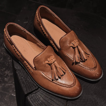 Women’s Cow Leather Moccasin Loafers – Round Toe Slip-On Flats with Fringe, Soft Comfortable Casual Daily Shoes