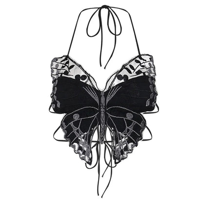 Women’s Butterfly Lace Camisole Crop Top – Spaghetti Strap Slim Fit See-Through Summer Bralette with Front Slit Low Cut Design