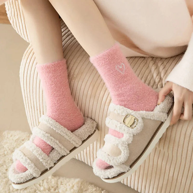 Thickened Pink Mink Fur Heart Embroidered Socks — Women’s Autumn Winter Warm Plush Mid-Tube Home Sleep Socks