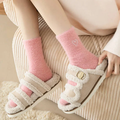Thickened Pink Mink Fur Heart Embroidered Socks — Women’s Autumn Winter Warm Plush Mid-Tube Home Sleep Socks