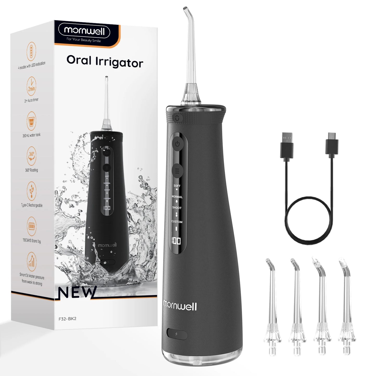 Mornwell F32 Sonic Water Flosser - 260ML Oral Irrigator Dental Teeth Cleaner Whitening Device For Home Care