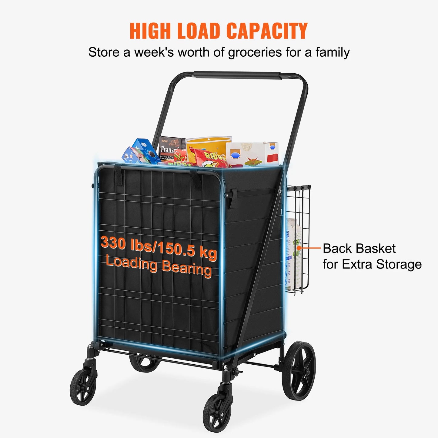 SucceBuy Folding Shopping Cart with Removable Waterproof Liner — Large Capacity 106/330LBS, 360° Swivel Wheels, Metal Mesh Base