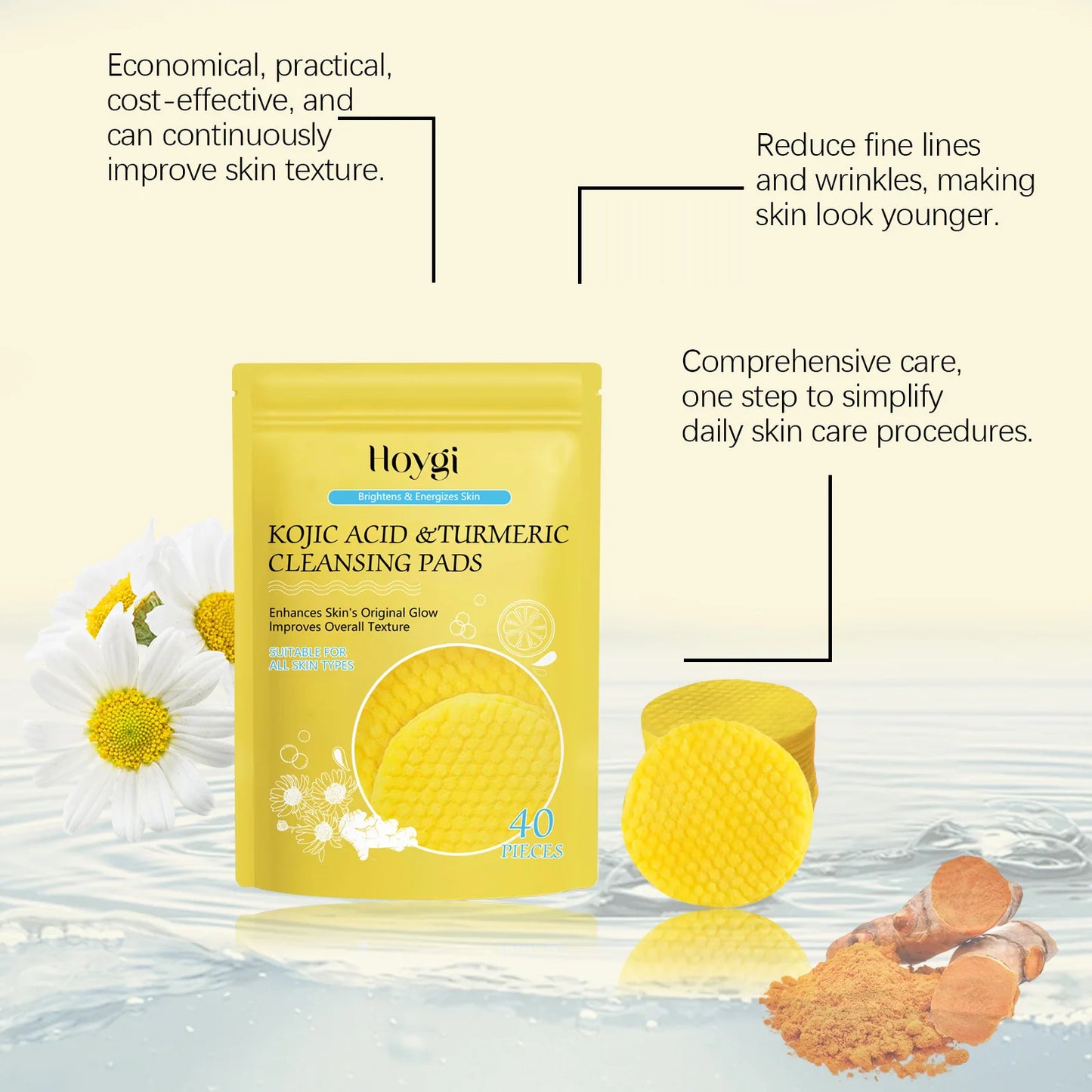 Turmeric & Kojic Acid Facial Cleansing Pads — Lemon Deep Cleanse, Brightening & Whitening Cotton Pads for Face Skincare