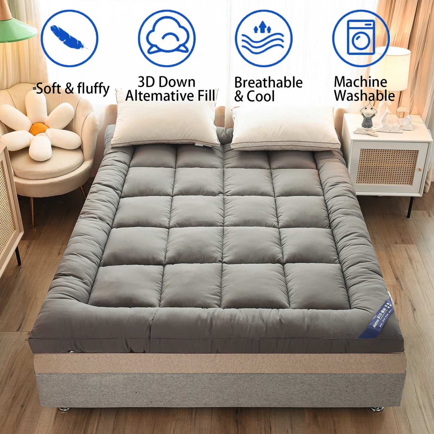 Queen Mattress Topper for Body Pain Relief - 1000 GSM Extra Thick 7D Fiber Mattress Pad Cover with Deep Pocket Fit