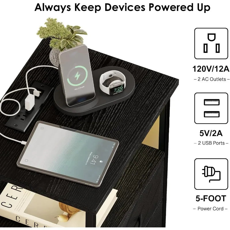 LED Nightstand with Charging Station – USB Ports, Outlets & 2 Fabric Storage Drawers Bedside Table