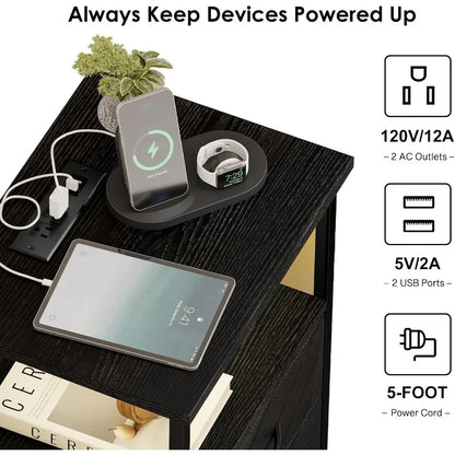 LED Nightstand with Charging Station – USB Ports, Outlets & 2 Fabric Storage Drawers Bedside Table
